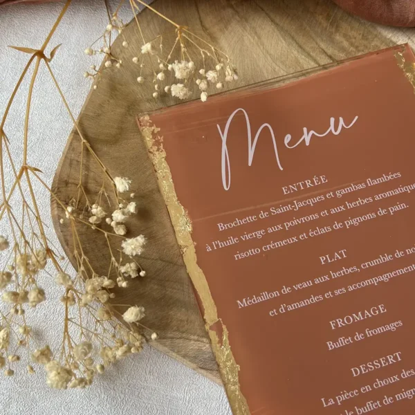 mariage papeterie menu plexiglass dorure transparant