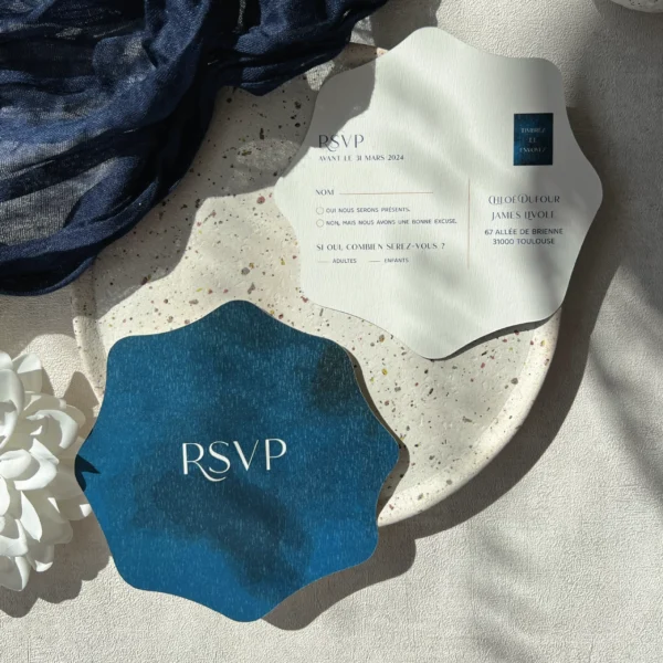 faire-part papeterie mariage ocean mer bleu vague blanc forme